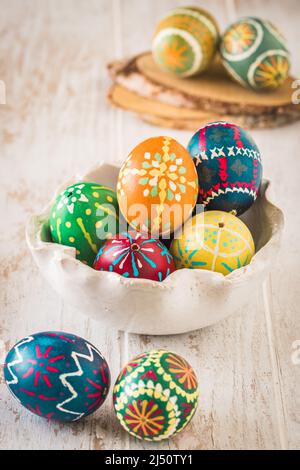 Colorful Easter eggs from East Germany, handmade with wax technique, old Eastern Germany, Sorbian and Upper and Lower Lusatia tradition, craftsmanship Stock Photo