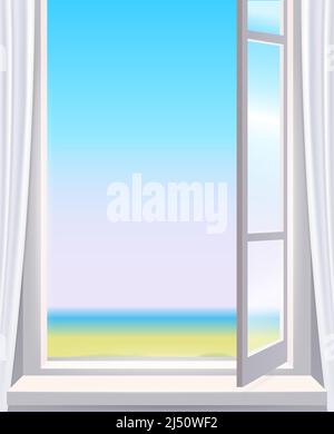 Opened window in interior, view on landscape, spring, curtains. Vector illustration template realistic Stock Vector