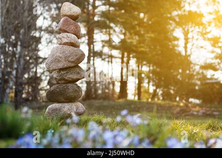 Balancing tower of large stones standing on top of each other on background of trees and spring flowers in sun. Calmness and relaxation concept Stock Photo