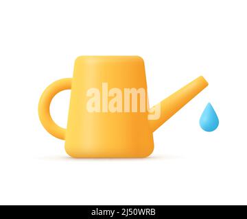 Watering can and water drop. Gardening tools, agricultural implement.3d vector icon. Cartoon minimal style. Stock Vector