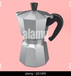 Italian geyser coffee maker a la moka on pink background. 3d render of coffee pot for making espresso coffee Stock Photo