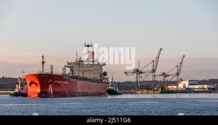 Cork Harbour, Cork, Ireland. 19th April, 2022. Tanker Grande Riviere with a cargo of Methanol is assisted by tug boats Gerry O' Sullivan and Alex as she makes her way up river bound for offloading at the Belvelly Port Facility, Cork, Ireland. - Credit; David Creedon / Alamy Live News Stock Photo