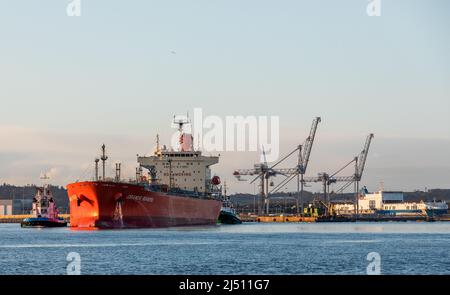 Cork Harbour, Cork, Ireland. 19th April, 2022. Tanker Grande Riviere with a cargo of Methanol is assisted by tug boats Gerry O' Sullivan and Alex as she makes her way up river bound for offloading at the Belvelly Port Facility, Cork, Ireland. - Credit; David Creedon / Alamy Live News Stock Photo