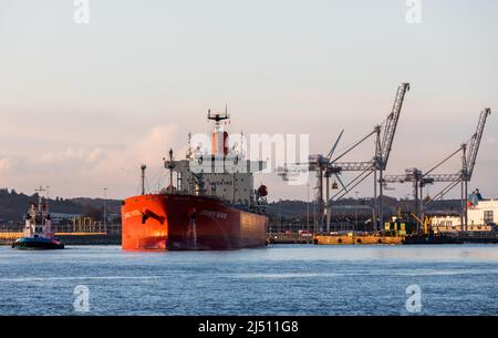 Cork Harbour, Cork, Ireland. 19th April, 2022. Tanker Grande Riviere with a cargo of Methanol is assisted by tug boats Gerry O' Sullivan and Alex as she makes her way up river bound for offloading at the Belvelly Port Facility, Cork, Ireland. - Credit; David Creedon / Alamy Live News Stock Photo