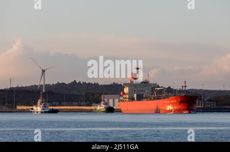 Cork Harbour, Cork, Ireland. 19th April, 2022. Tanker Grande Riviere with a cargo of Methanol is assisted by tug boats Gerry O' Sullivan and Alex as she makes her way up river bound for offloading at the Belvelly Port Facility, Cork, Ireland. - Credit; David Creedon / Alamy Live News Stock Photo