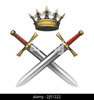Emblem of Crown and Swords drawn in engraving style isolated on white. Vector illustration. Stock Vector