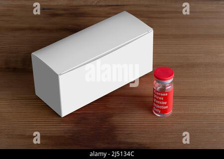 Vials box with a vial at front on wooden board. editable mock-up series template ready for your design. box faces and bottle label selection path incl Stock Photo