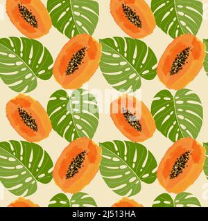 Papaya and monstera leaf summer seamless pattern. Vector illustration Stock Vector