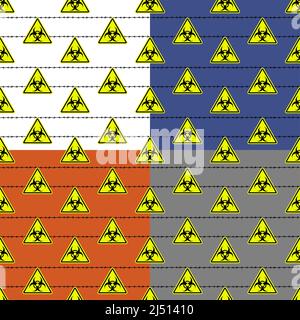 set of seamless patterns with yellow biohazard signs and barbed wire. Ornament for decoration and printing on fabric. Design element. Vector Stock Vector
