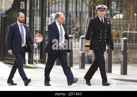 London, UK. 19th Apr, 2022. Defence Secretary BEN WALLACE (centre) and First Sea Lord Admiral TONY RADAKIN (right) are seen arriving at Downing Street in Westminster. British Prime Minister Boris Johnson will face MPs for the first time after receiving a fine for breaching COVID-19 lockdown rules. Photo credit: Ben Cawthra/Sipa USA **NO UK SALES** Credit: Sipa USA/Alamy Live News Stock Photo