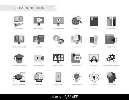 E-learning icon vector design. Elearning icons collection in black and white with books and device symbol for social media apps and educational. Stock Vector