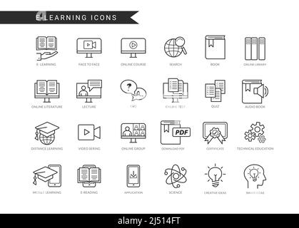E-learning icon vector set. Elearning symbol icons in line drawing design with technology and knowledge symbol for online educational learning. Stock Vector