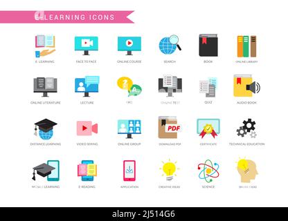 E-learning icons vector set. Educational elearning study icon with technology apps logo of message, search and graduation for internet online learning. Stock Vector