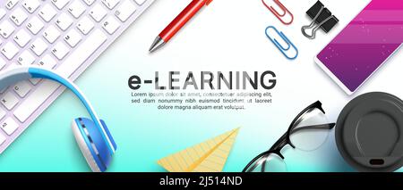 E-learning vector background design. Elearning text with key board, phone and headphones technology device element for back to school online education. Stock Vector