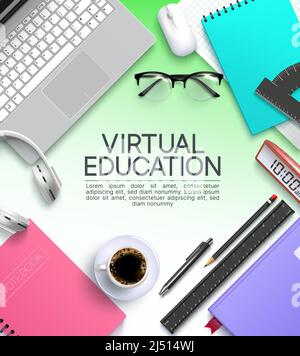 Virtual learning vector poster design. Virtual education text with laptop, notebook, mouse and headphones education items background for online school. Stock Vector