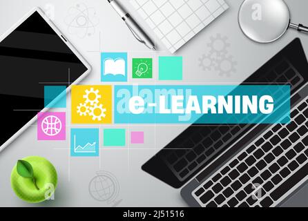 E-learning vector concept design. Elearning text in technology and knowledge icons with laptop and tablet elements for virtual education teaching. Stock Vector