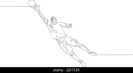 Football, soccer player kicking ball, side view. Isolated vector black and white one continuous line silhouette. Silhuette of football or soccer defen Stock Vector