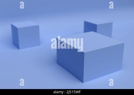 An abstract scene in blue tones. Three blue cubes on the blue floor. Sharp front cube and blurry in the background. 3D render. Stock Photo