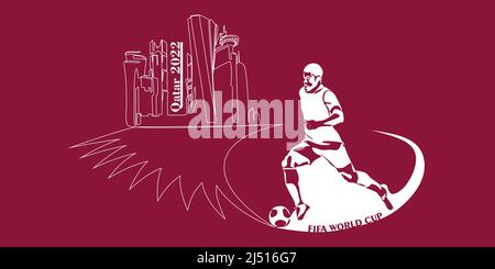 World Cup in Qatar in 2022 banner. Stylized Vector isolated modern illustration of the capital Doha city with symbol, colors and flag Stock Vector