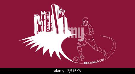 World Cup in Qatar in 2022 banner. Stylized Vector isolated modern illustration of the capital Doha city with symbol, colors and flag Stock Vector