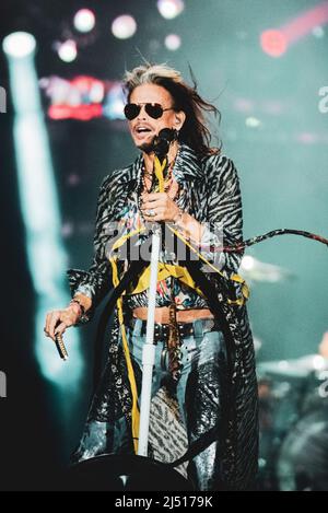 CLISSON, HELLFEST FESTIVAL, FRANCE: Steven Tyler, singer of the American rock band Aerosmith, performing live on stage at the Hellfest Festival 2017 in Clisson, for the “Aero-Vederci baby!” world tour 2017 Stock Photo