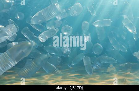 Heap of plastic bottles swimming in polluted sea with sandy bottom and light glare on sunny summer day in nature. 3d rendering Stock Photo