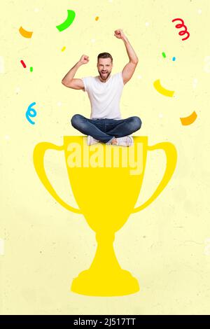 Composite collage picture of satisfied lucky person sitting isolated on drawing trophy illustration Stock Photo