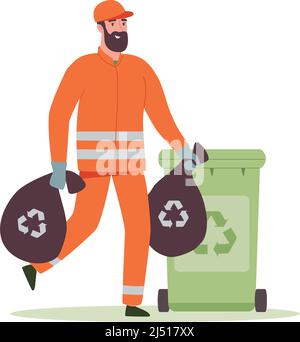Janitor in carries bags of garbage into the trash can in the city. A man in uniform cleans up waste in recycle containers for separate rubbish reuse. Vector illustration in flat style on a white Stock Vector