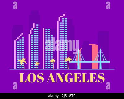 Los Angeles, California. Landscape at sunset with palm trees. City view with skyscrapers and a bridge. Los Angeles city skyline banner for print, post Stock Vector