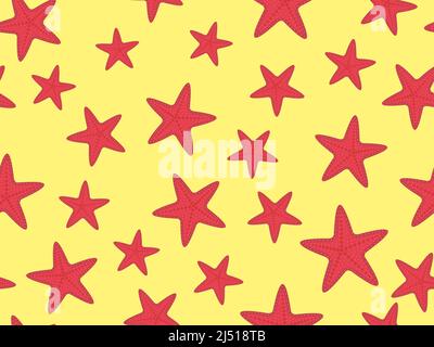Starfish seamless pattern on a sandy beach. Red starfish on a yellow background. Summer background for promotional products, wrapping paper and printi Stock Vector