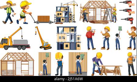 Set of construction site objects and workers illustration Stock Vector