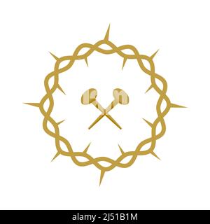 Crown of thorns and holy nails icon. Golden color. Holy Week inspiration. Vector illustration, flat design Stock Vector