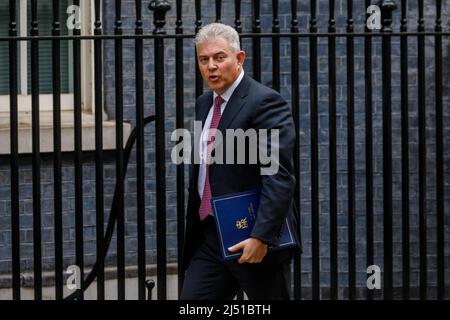 Downing St. London, UK. 19th April 2022.The Rt Hon Brandon Lewis CBE MP Secretary of State for Northern Ireland arriving in Downing Street to attend the Cabinet Meeting at number 10. Chris Aubrey/Alamy Live News Stock Photo