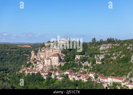 Beautiful view of the Rocamadour castle and medieval village at the foot of the mountain. Lot, Occitania, Southwestern France Stock Photo