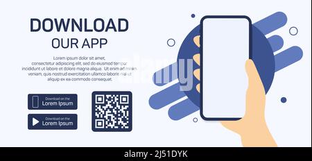 Download our app for mobile phone. Advertising banner for downloading mobile app. Mockup smartphone with empty screen for your app. Vector Stock Vector