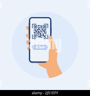 Smartphone mockup in human hand. Scan QR code. Vector flat colorful technology illustration Stock Vector