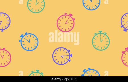 Colorful line stopwatch icon isolated seamless pattern on yellow background. Time timer sign. Chronometer sign. Vector Stock Vector