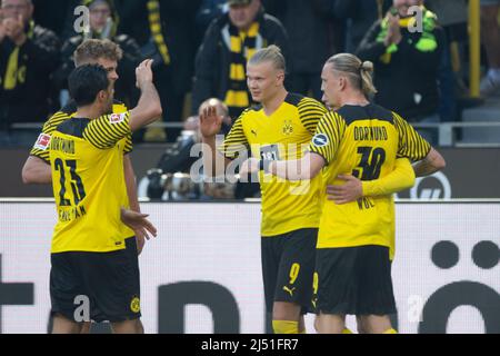 Dortmund, Deutschland. 16th Apr, 2022. Erling HAALAND (DO) cheers after his goal to 6:0, jubilation, cheering, joy, cheers, soccer 1st Bundesliga, 30th matchday, Borussia Dortmund (DO) - VfL Wolfsburg (WOB) 6: 1, on 04/16/2022 in Dortmund/Germany. #DFL regulations prohibit any use of photographs as image sequences and/or quasi-video # ÃÂ Credit: dpa/Alamy Live News Stock Photo