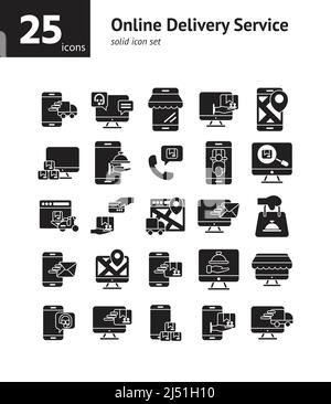 Online Delivery Service solid icon set. Vector and Illustration. Stock Vector