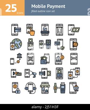 Mobile Payment filled outline icon set. Vector and Illustration. Stock Vector