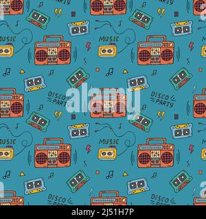 Retro music doodle pattern. 90s disco party seamless background. Trendy vintage pattern with boombox, audio tapes and walkman player. Stock Vector