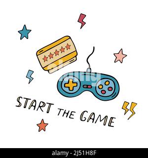 Doodle video game cartridge and joystick isolated. Game cassette for retro console. 90s nostalgia. Vector colored doodle illustration. Trendy vintage Stock Vector