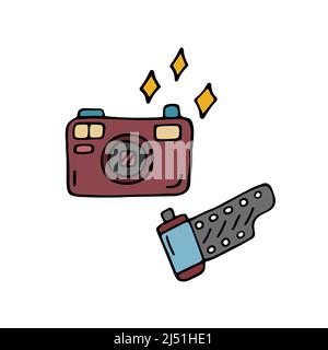 Doodle photo camera and film roll isolated. 90s nostalgia. Vector colored doodle illustration of retro camera from 1990s and 80s. Trendy vintage desig Stock Vector