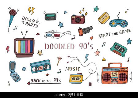 Doodled 90s vector set. Collection of retro electronics and things from 1990s. Funny doodles. Trendy colored vintage design elements on white backgrou Stock Vector