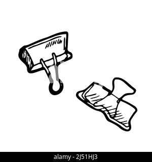 Binder paper clip for binding sheets of paper together, hand drawn vector doodle icon. Stock Vector