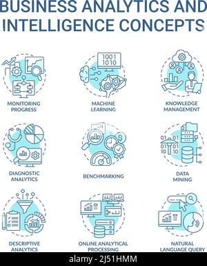 Business analytics and intelligence turquoise concept icons set Stock Vector