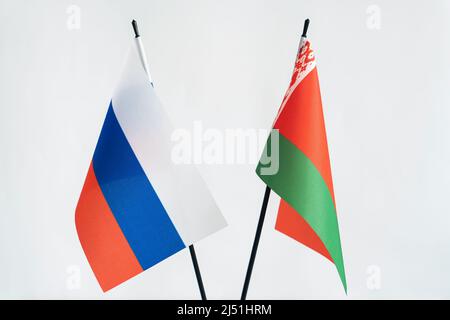 State flag of Russia and Belarus on light background. Frendship between countries concept Stock Photo