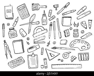 Doodle set of Stationery drawings. Vector illustration. Back to school concept. Art and school supplies Stock Vector