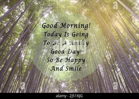 Motivational and inspirational quote on bamboo trees background - Good morning, today is going to be a really good day, so be happy and smile. Stock Photo