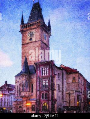 Real painting modern artistic artwork Prague Czechia drawing in oil city center vintage houses and architecture, Europe travel, wall art print Stock Photo